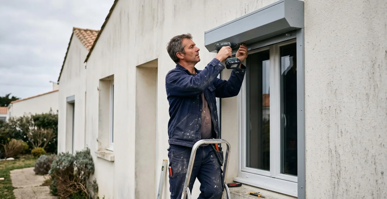 Menuisier installant un volet roulant en aluminium sur la façade d'une maison en Vendée