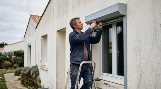 Menuisier installant un volet roulant en aluminium sur la façade d'une maison en Vendée