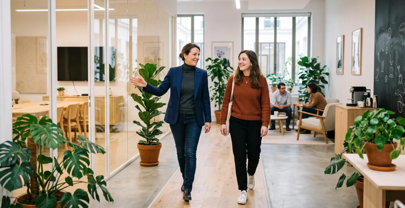 Fondatrice de startup accompagnant une nouvelle recrue lors d'une visite guidée de l'espace de travail moderne avec plantes et mobilier accueillant