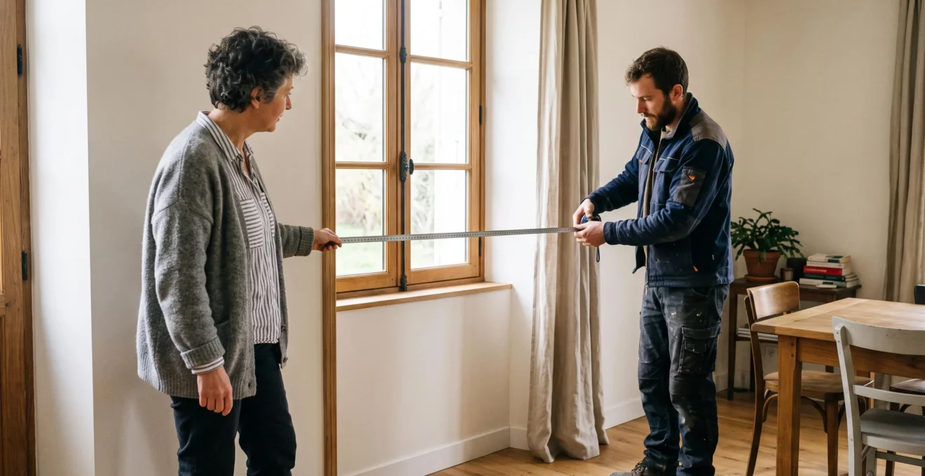 Menuisier et propriétaire prenant ensemble les mesures d'une ouverture de fenêtre dans une maison