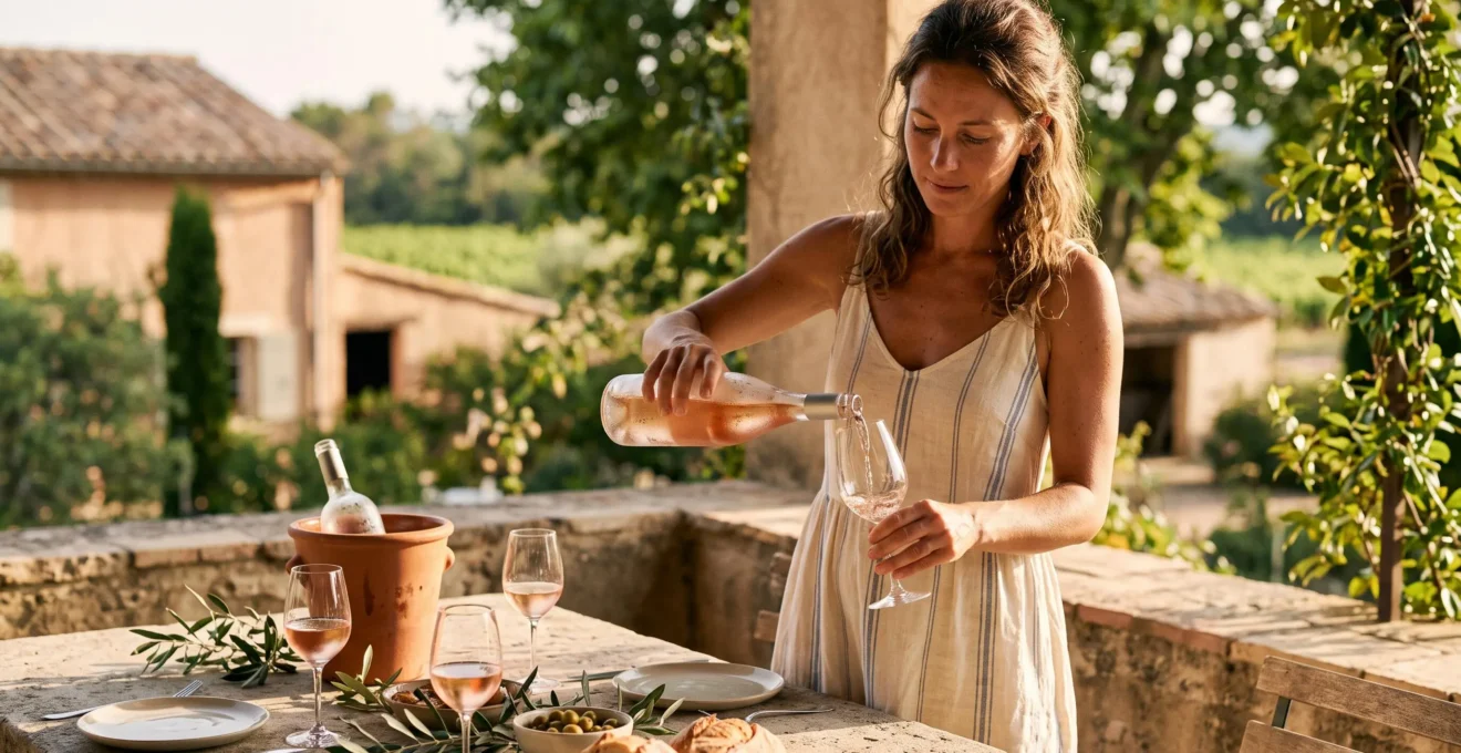 Une femme verse du vin rosé pâle dans un verre sur une table de terrasse en pierre lors d'un déjeuner d'été.