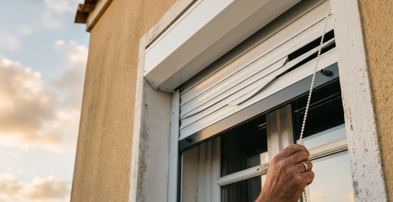 Volet roulant blanc à mi-fermeture sur la façade d'une maison en bord de mer, main testant la commande